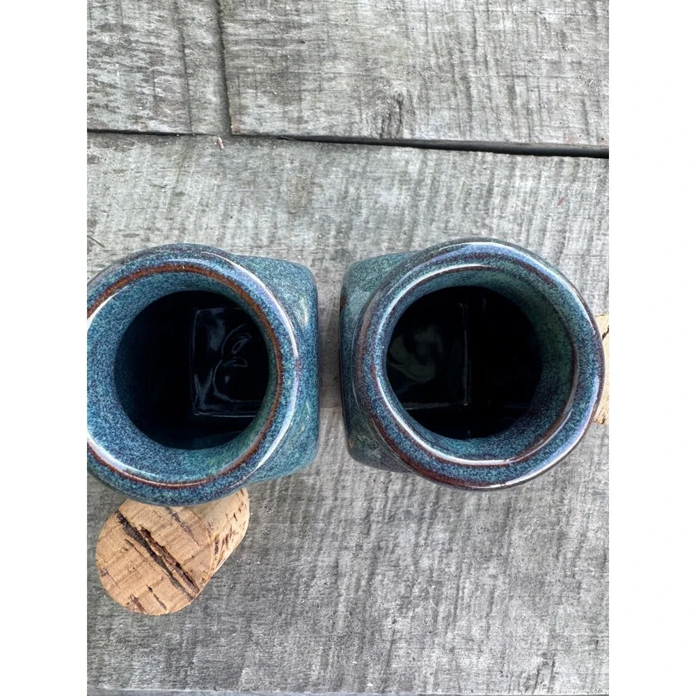 Vintage 1997 Signed Studio Pottery Teal Glaze Leaf Spice Jars with Cork Set of 2